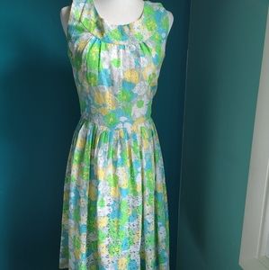 1960s sundress, size medium, floral,  green, aqua, yellow, metallic